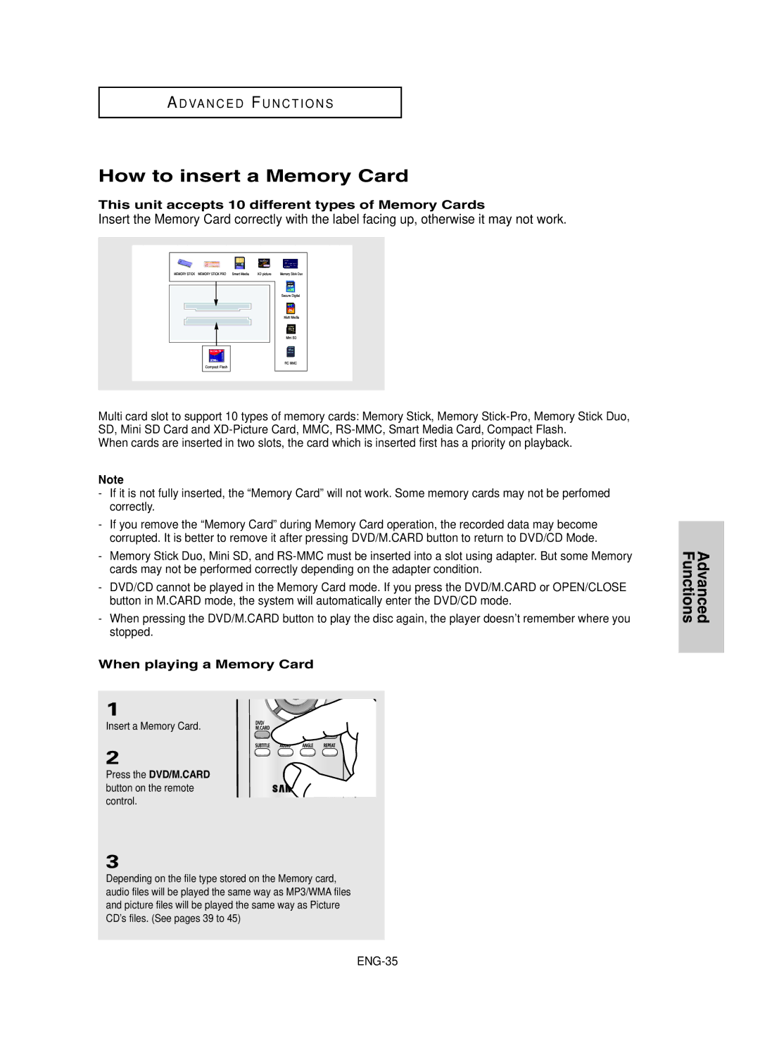 Samsung DVD-P450/XSS, DVD-P450/XSG manual How to insert a Memory Card, This unit accepts 10 different types of Memory Cards 