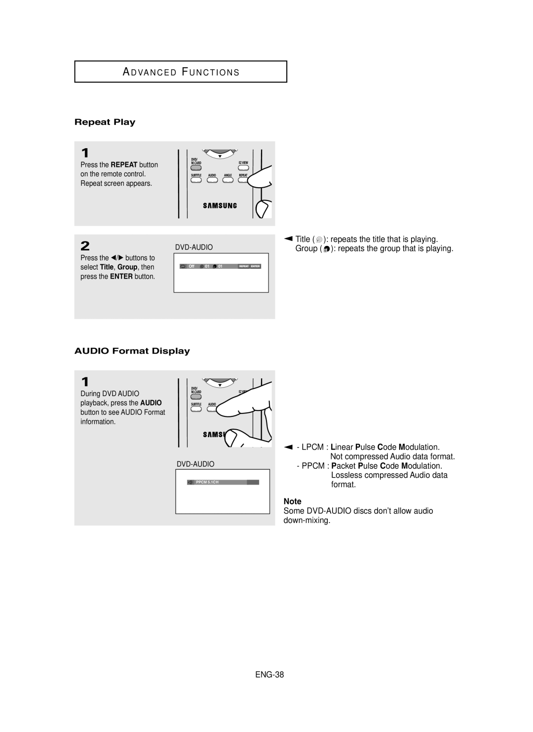 Samsung DVD-P450/XSS, DVD-P450/XSG, DVD-P450/AND manual Repeat Play, Audio Format Display 
