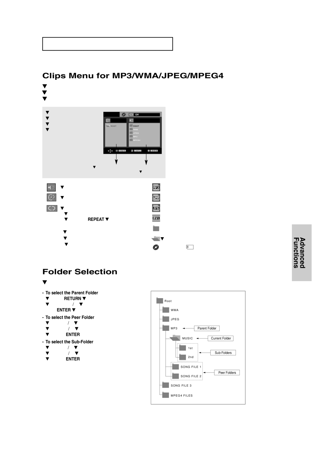 Samsung DVD-P450/XSG, DVD-P450/AND manual Clips Menu for MP3/WMA/JPEG/MPEG4, Folder Selection, To select the Parent Folder 