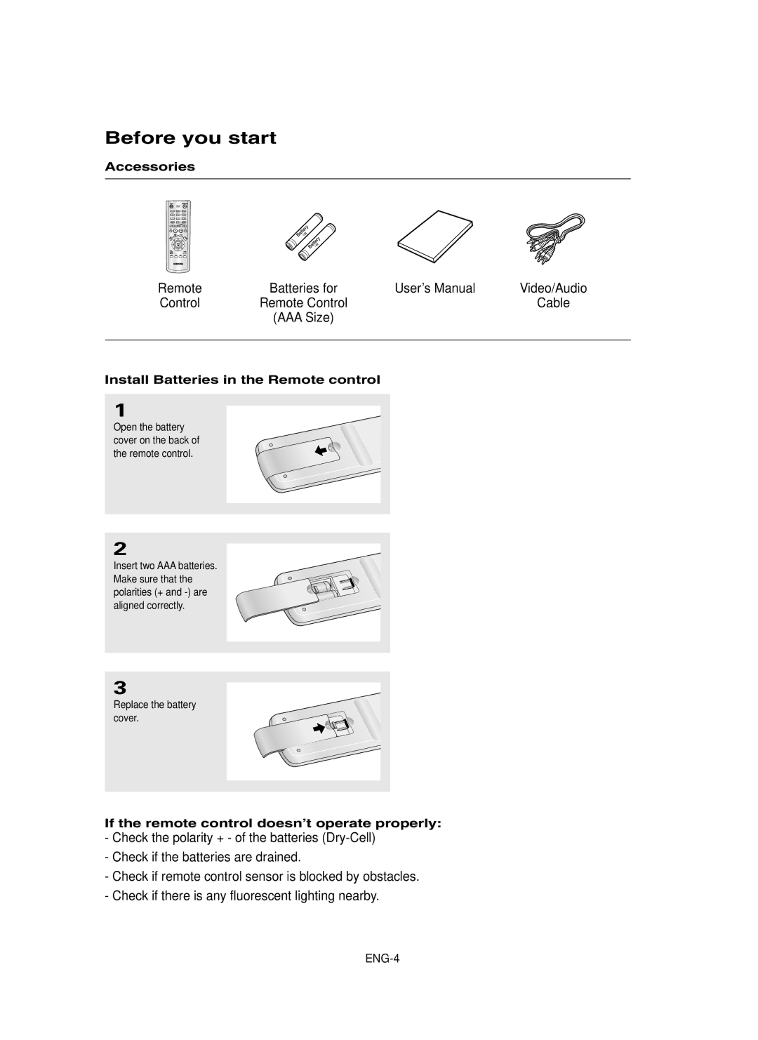 Samsung DVD-P450/AND, DVD-P450/XSG, DVD-P450/XSS Before you start, Accessories, Install Batteries in the Remote control 