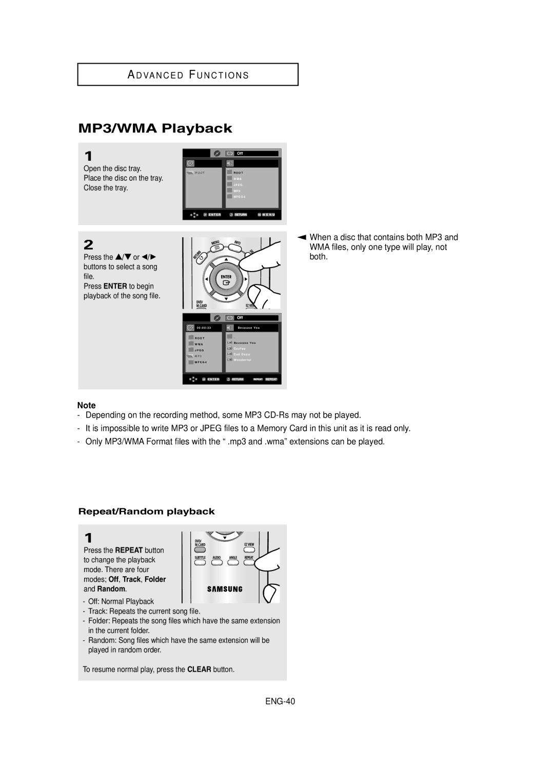 Samsung DVD-P450/AND, DVD-P450/XSG, DVD-P450/XSS manual MP3/WMA Playback, Repeat/Random playback 