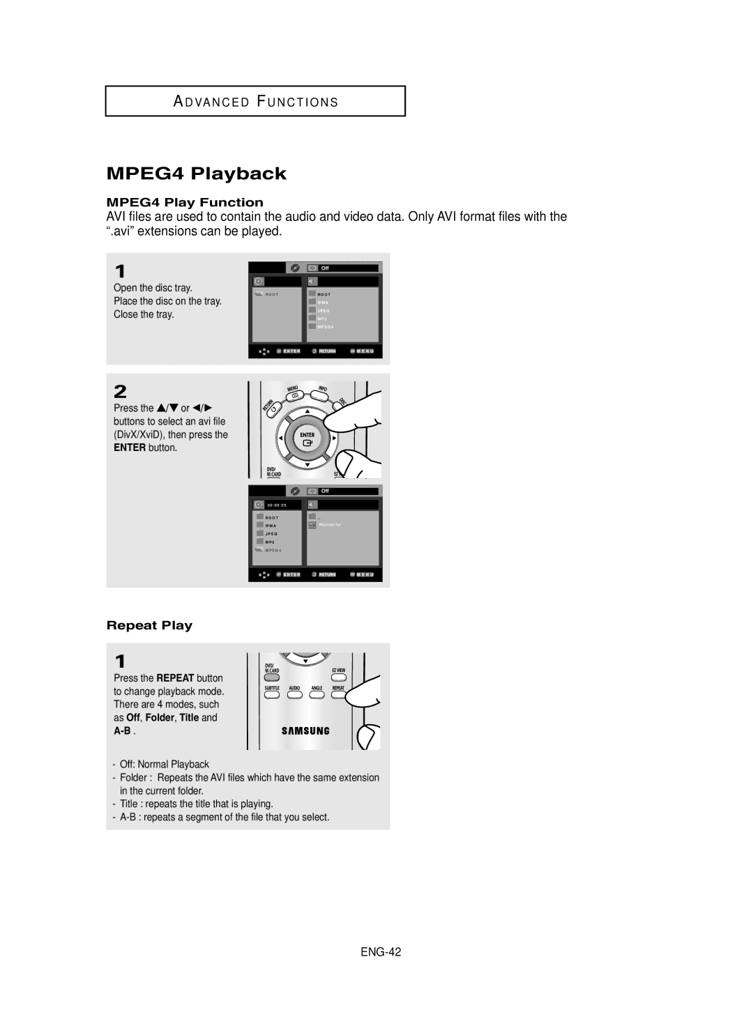 Samsung DVD-P450/XSG, DVD-P450/AND, DVD-P450/XSS manual MPEG4 Playback, MPEG4 Play Function 