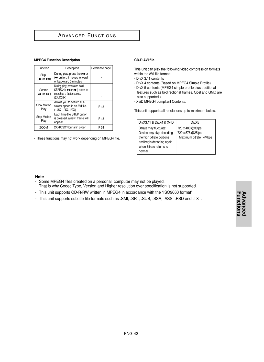 Samsung DVD-P450/AND, DVD-P450/XSG, DVD-P450/XSS manual MPEG4 Function Description, CD-R AVI file 