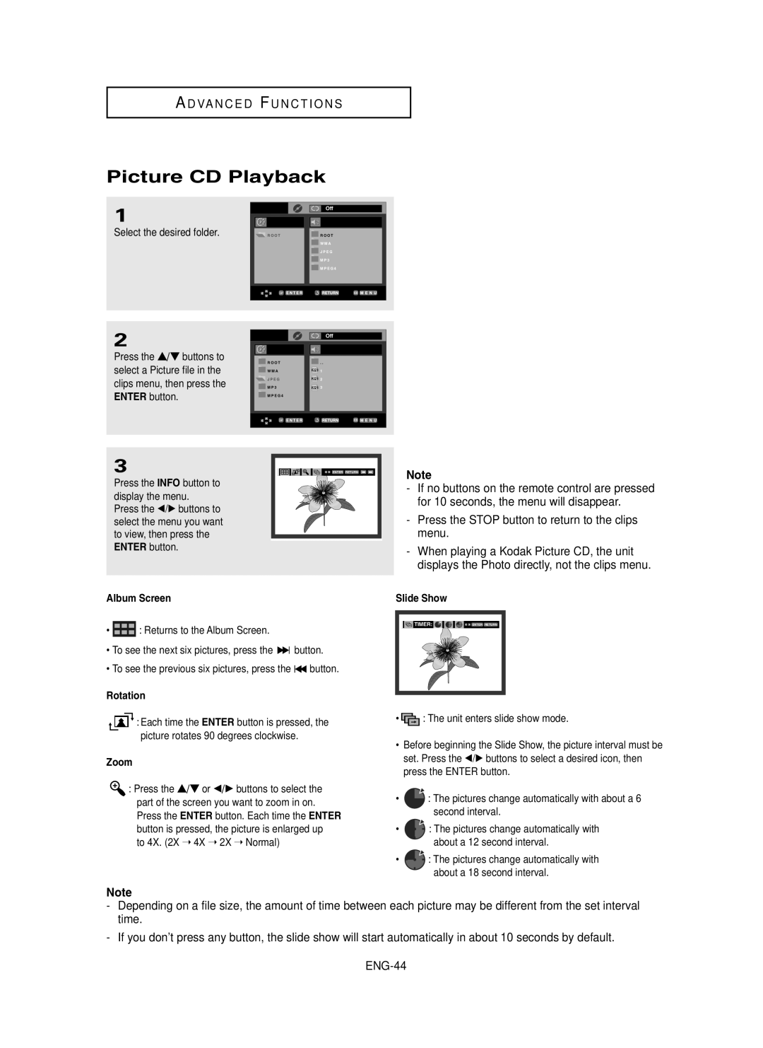 Samsung DVD-P450/XSS, DVD-P450/XSG, DVD-P450/AND manual Picture CD Playback, Album Screen, Rotation, Zoom, Slide Show 