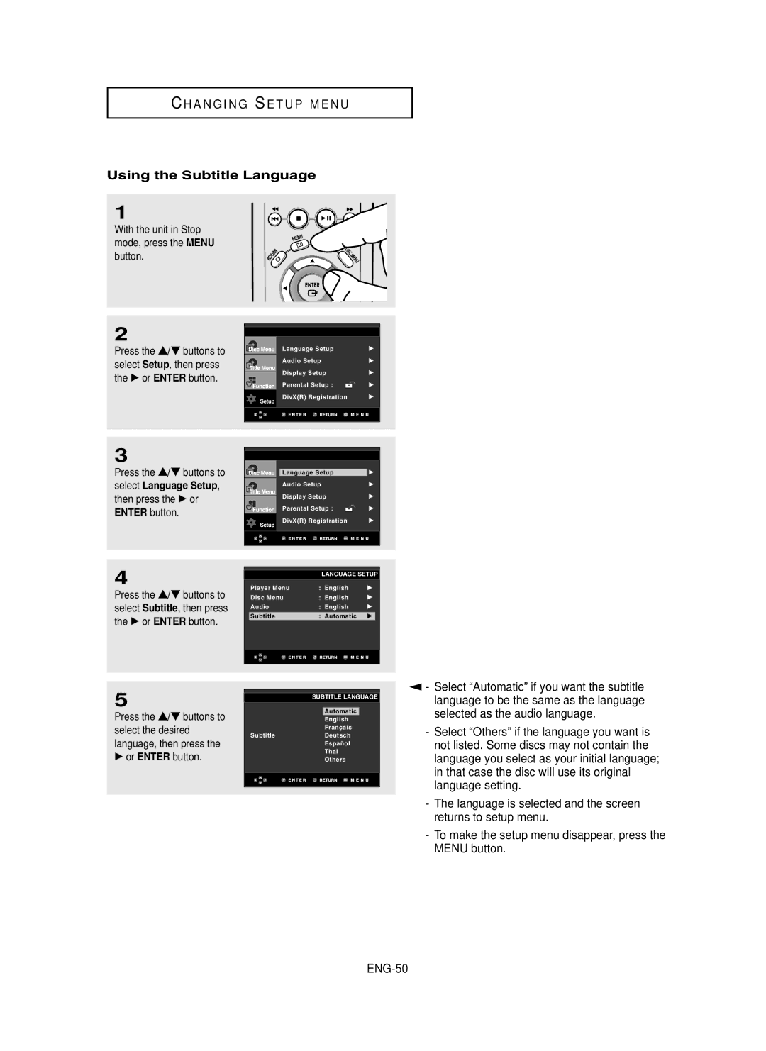 Samsung DVD-P450/XSS, DVD-P450/XSG, DVD-P450/AND manual Using the Subtitle Language, Select Language Setup 