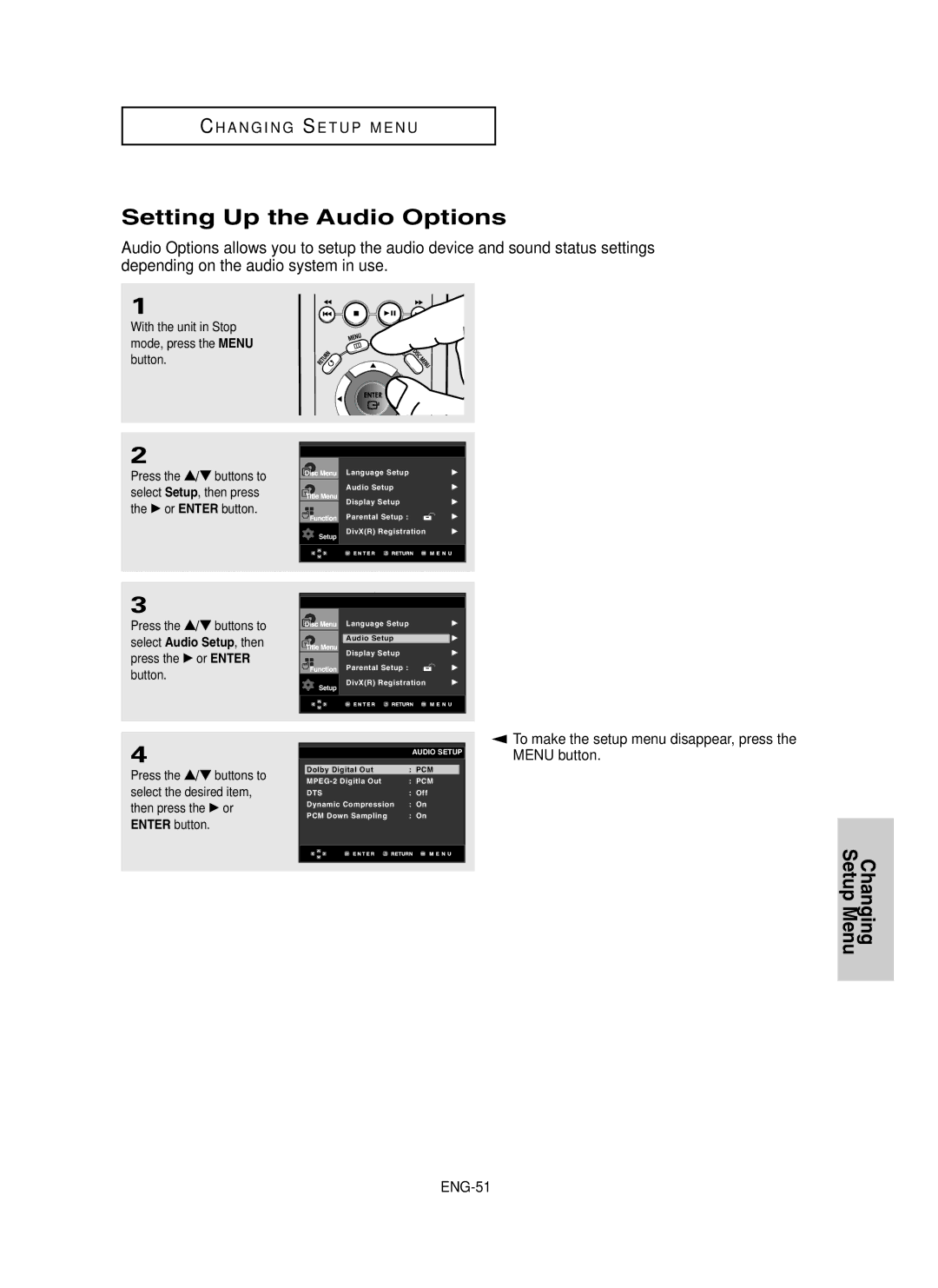 Samsung DVD-P450/XSG, DVD-P450/AND, DVD-P450/XSS manual Setting Up the Audio Options, Setup Menu 