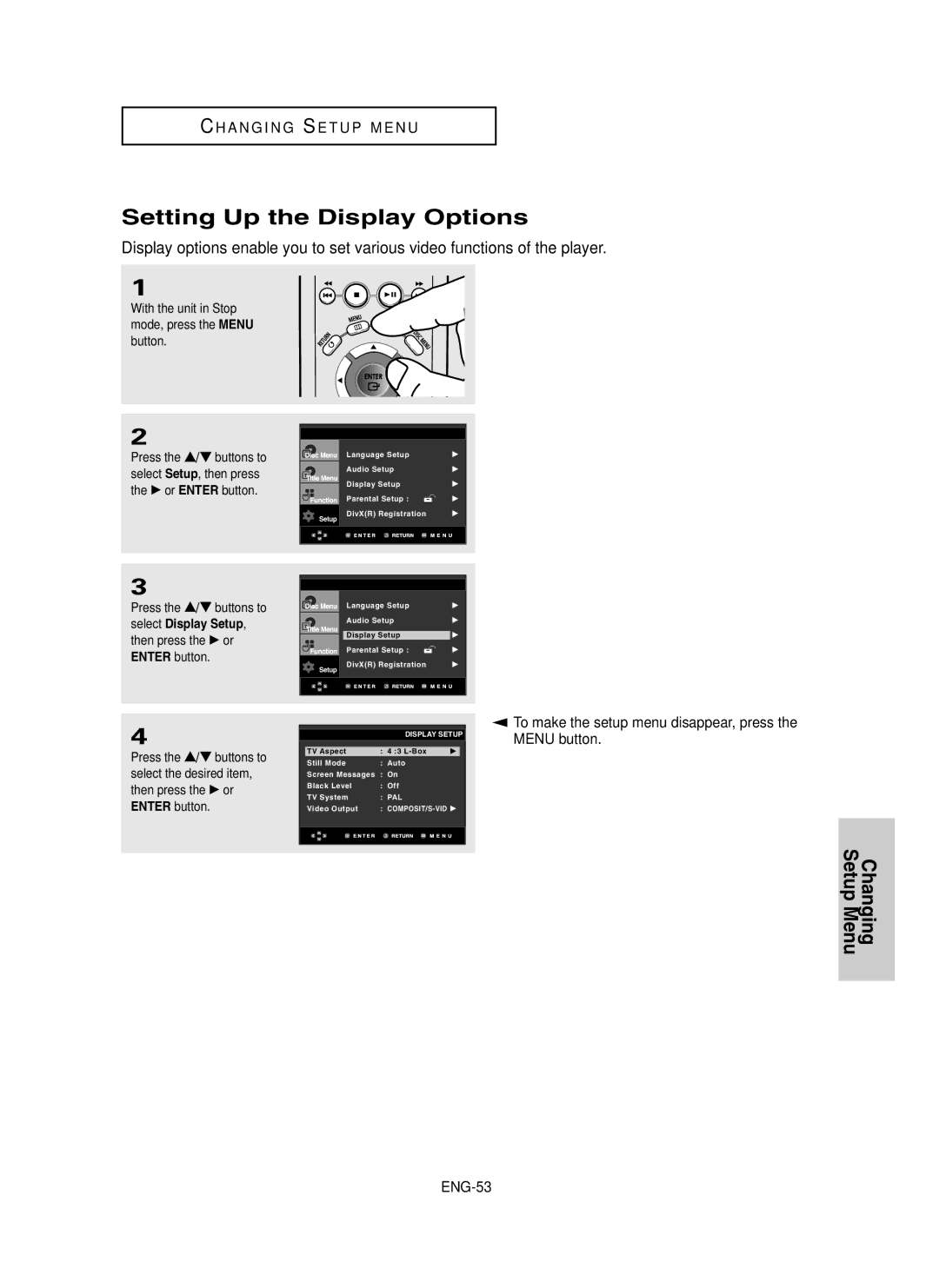 Samsung DVD-P450/XSS, DVD-P450/XSG, DVD-P450/AND manual Setting Up the Display Options 