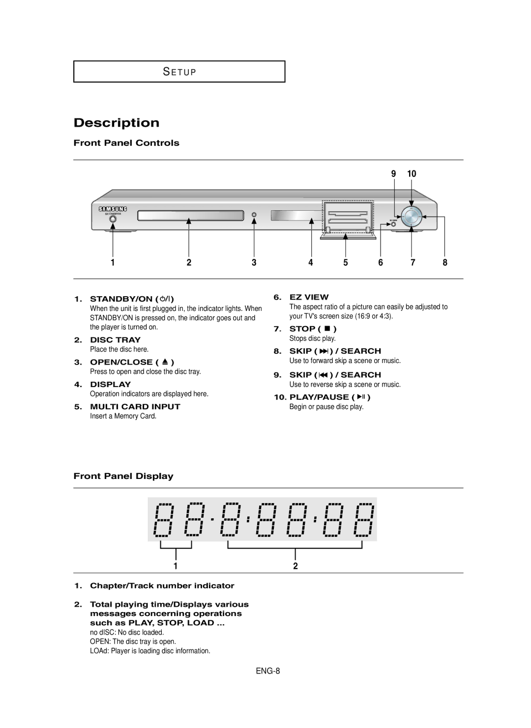 Samsung DVD-P450/XSS, DVD-P450/XSG, DVD-P450/AND manual Description, Front Panel Controls, Front Panel Display 