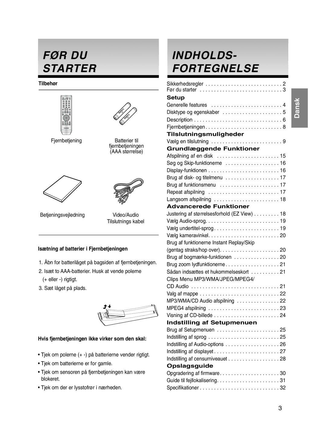 Samsung DVD-P560/XEE manual FØR DU Starter, Indholds Fortegnelse 