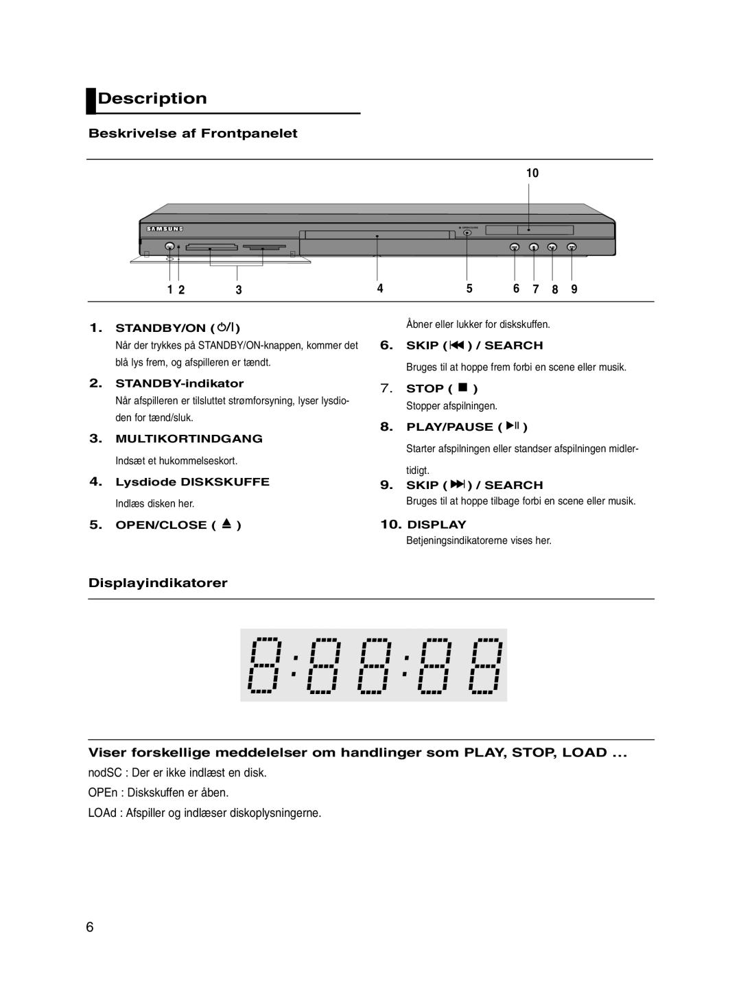 Samsung DVD-P560/XEE manual Description, Beskrivelse af Frontpanelet, OPEN/CLOSE Display 