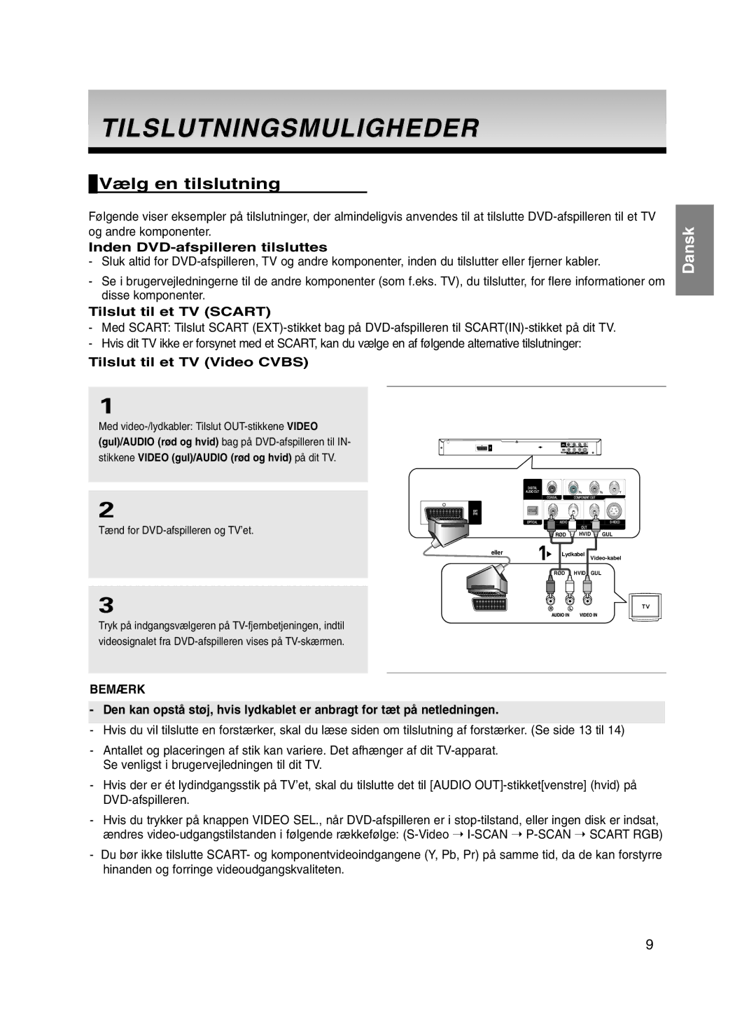 Samsung DVD-P560/XEE manual Tilslutningsmuligheder, Vælg en tilslutning, Inden DVD-afspilleren tilsluttes 