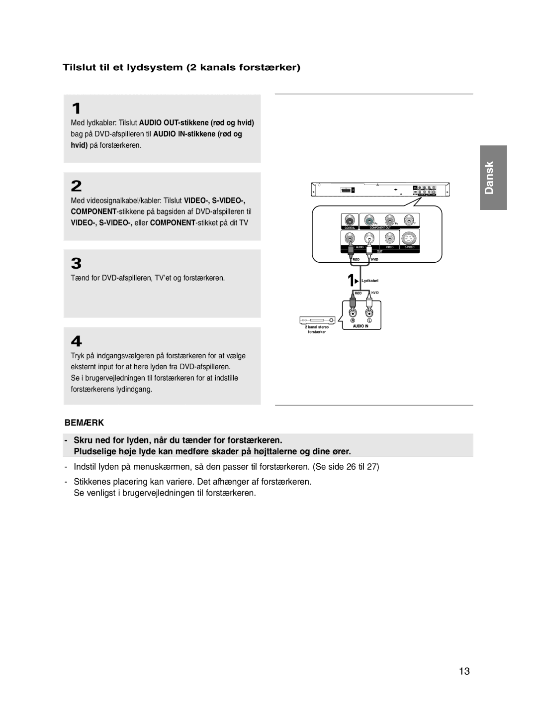 Samsung DVD-P560/XEE manual Tilslut til et lydsystem 2 kanals forstærker, Tænd for DVD-afspilleren, TV’et og forstærkeren 