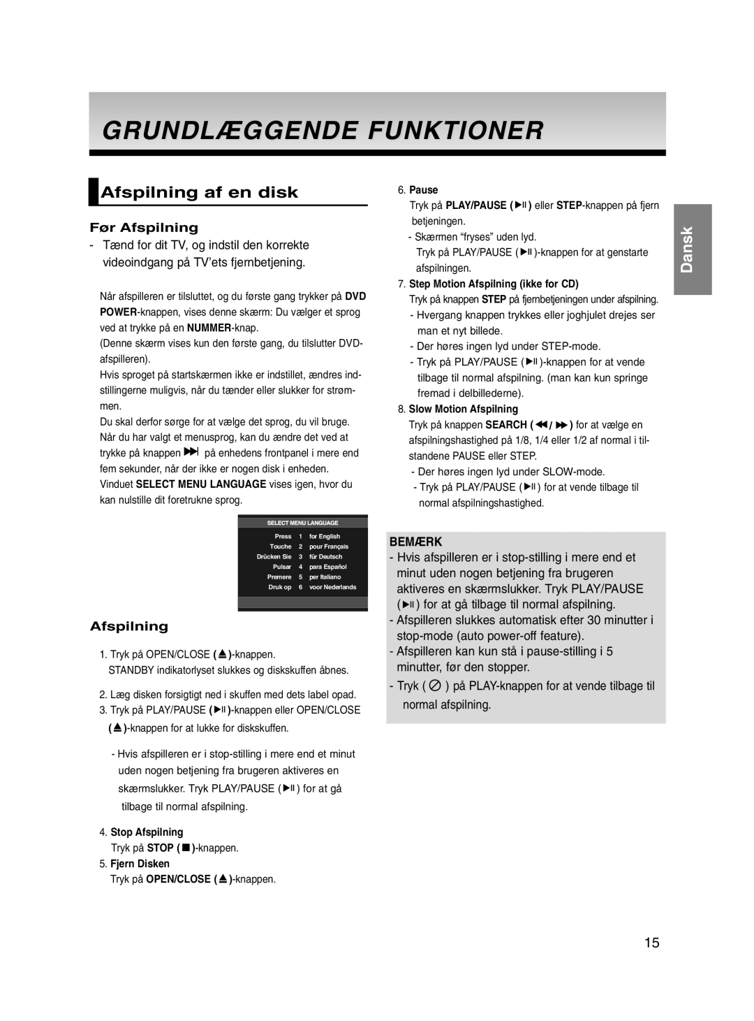 Samsung DVD-P560/XEE manual Grundlæggende Funktioner, Afspilning af en disk, Før Afspilning 