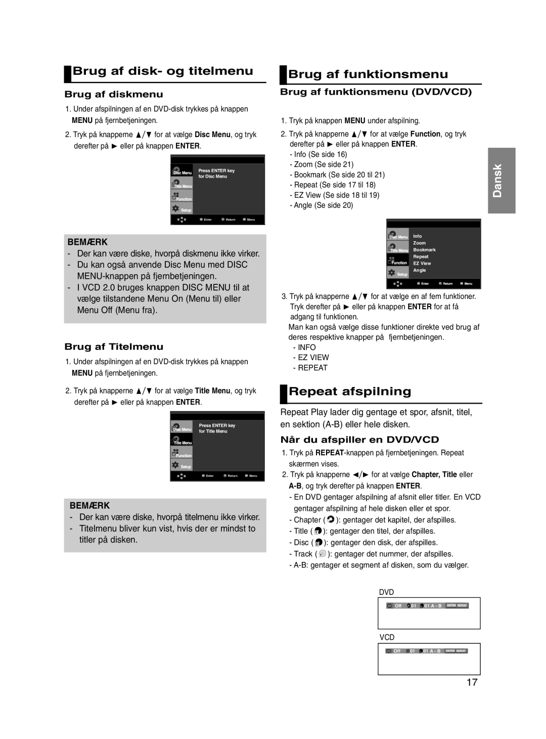 Samsung DVD-P560/XEE manual Brug af disk- og titelmenu, Brug af funktionsmenu, Repeat afspilning 