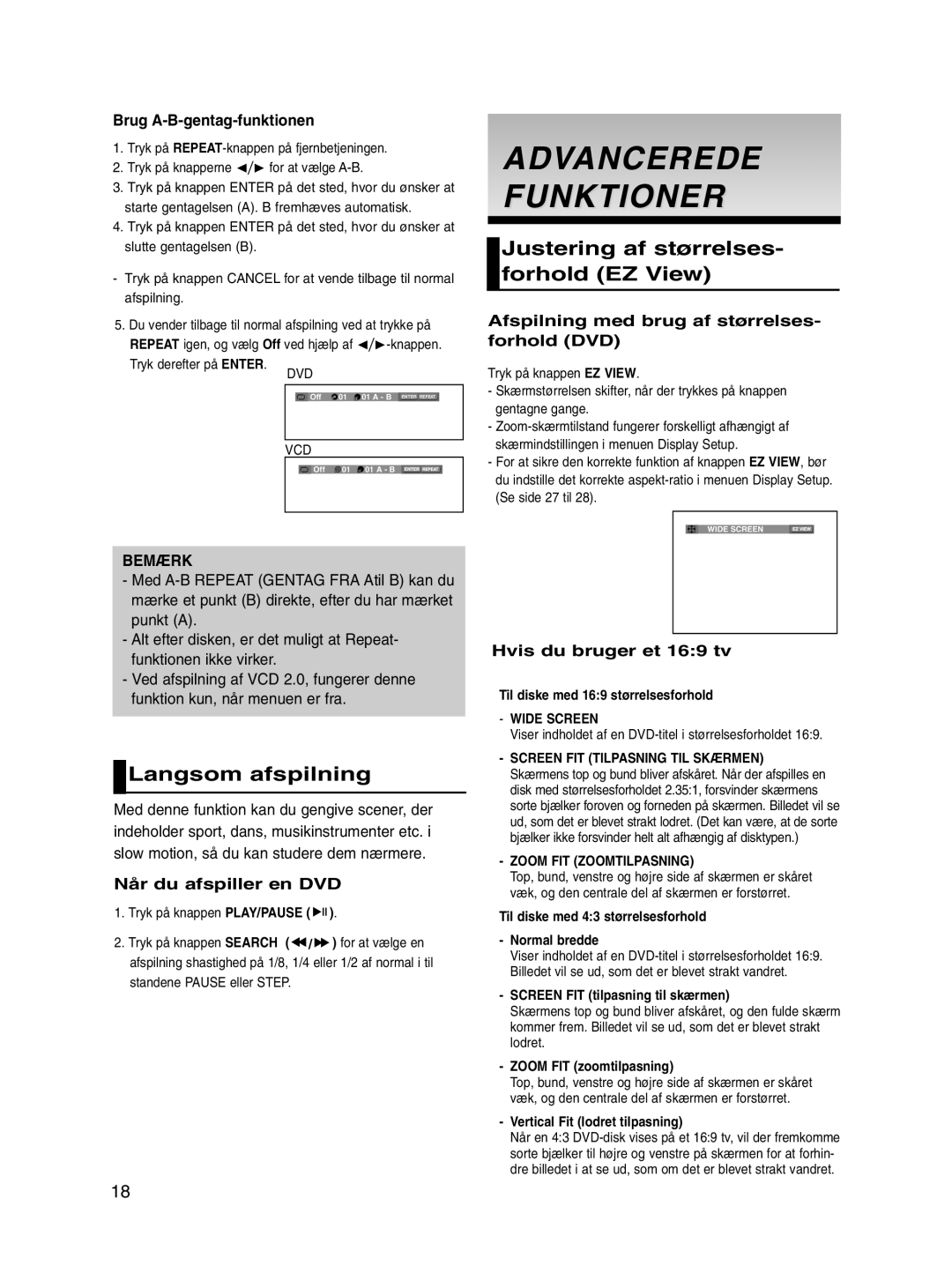 Samsung DVD-P560/XEE manual Advancerede Funktioner, Langsom afspilning, Justering af størrelses- forhold EZ View 