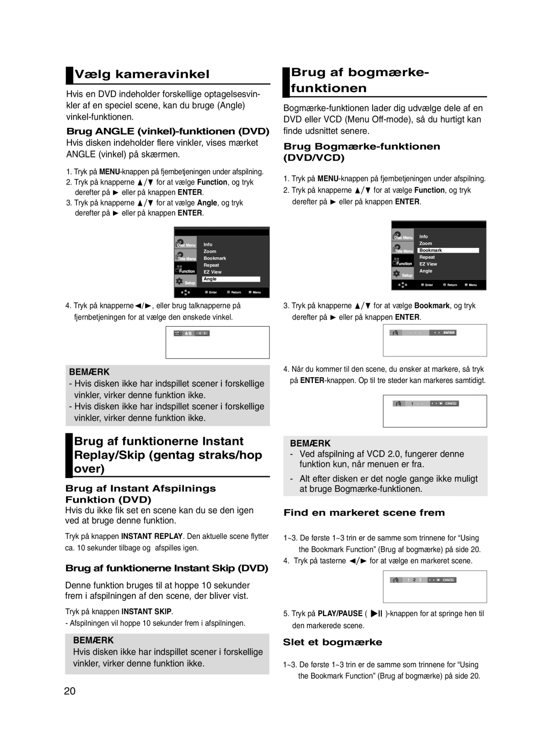 Samsung DVD-P560/XEE manual Vælg kameravinkel, Brug af bogmærke- funktionen 