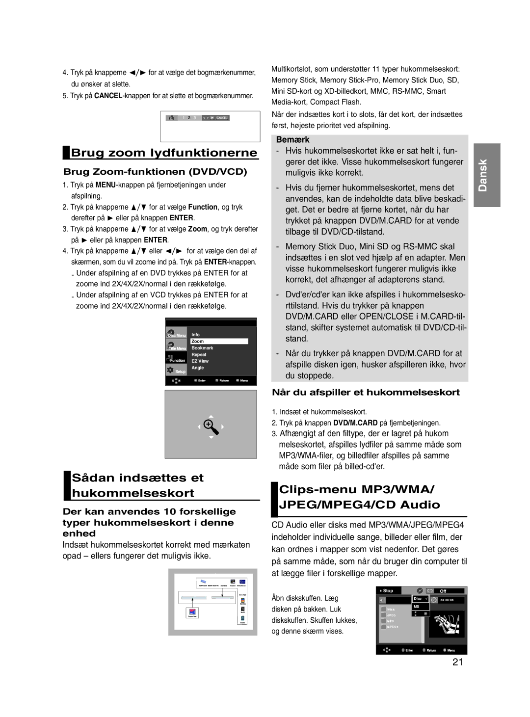 Samsung DVD-P560/XEE manual Brug zoom lydfunktionerne, Sådan indsættes et hukommelseskort 