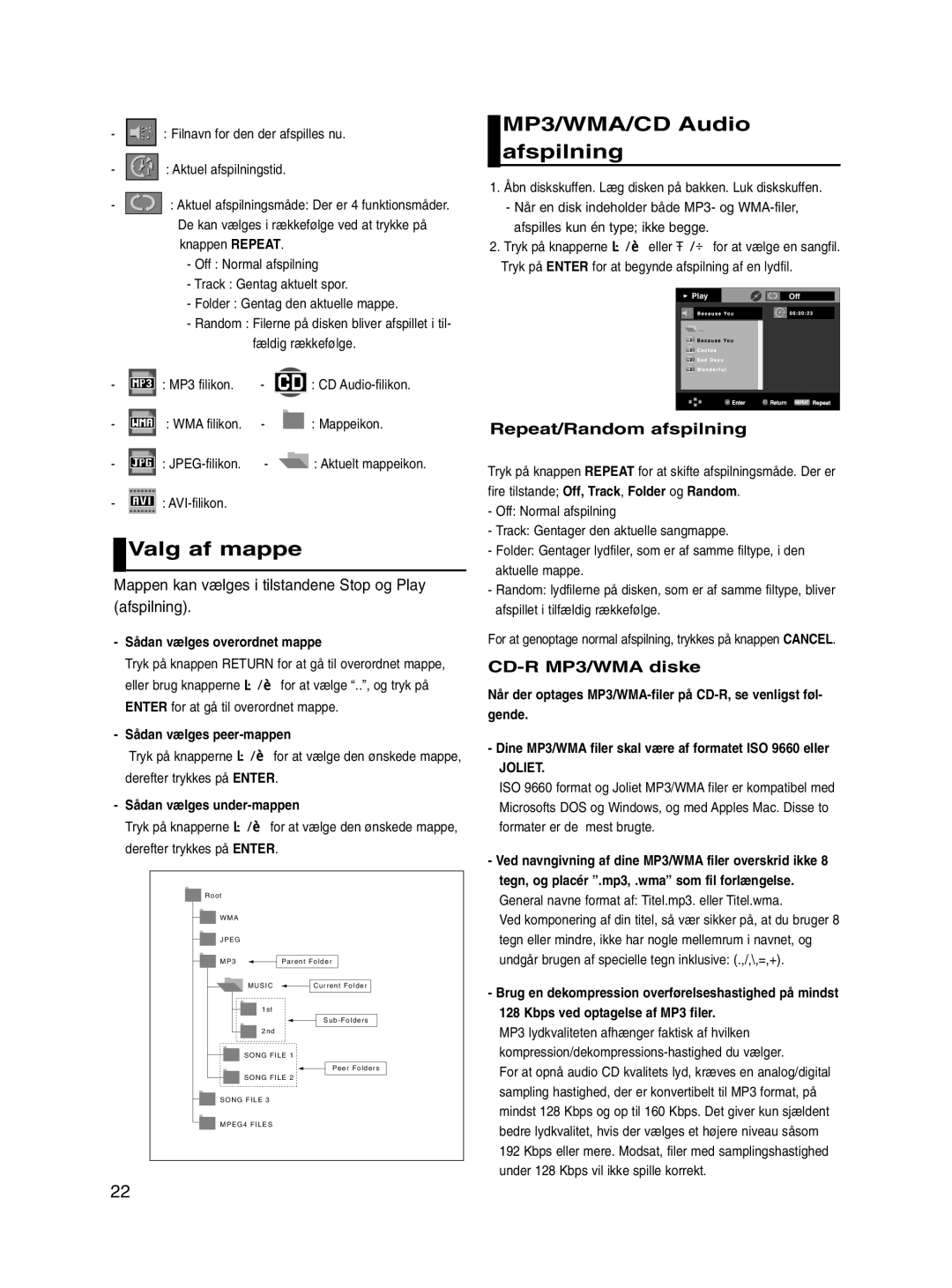 Samsung DVD-P560/XEE Valg af mappe, MP3/WMA/CD Audio afspilning, Mappen kan vælges i tilstandene Stop og Play afspilning 