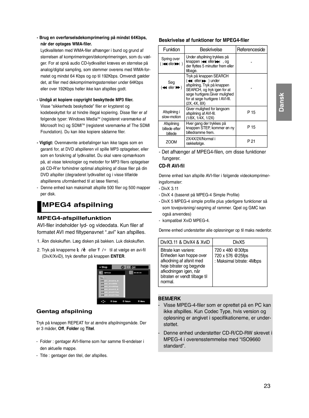 Samsung DVD-P560/XEE manual MPEG4 afspilning, MPEG4-afspillefunktion, Gentag afspilning, CD-R AVI-fil 