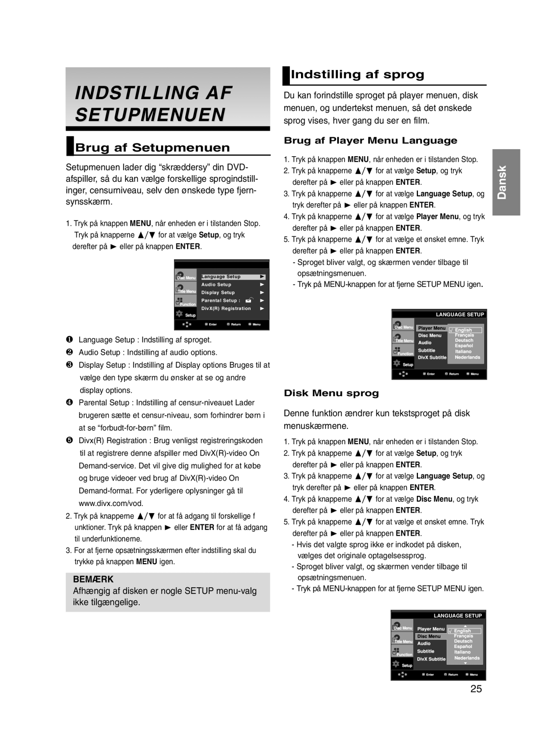 Samsung DVD-P560/XEE Indstilling AF Setupmenuen, Brug af Setupmenuen, Indstilling af sprog, Brug af Player Menu Language 