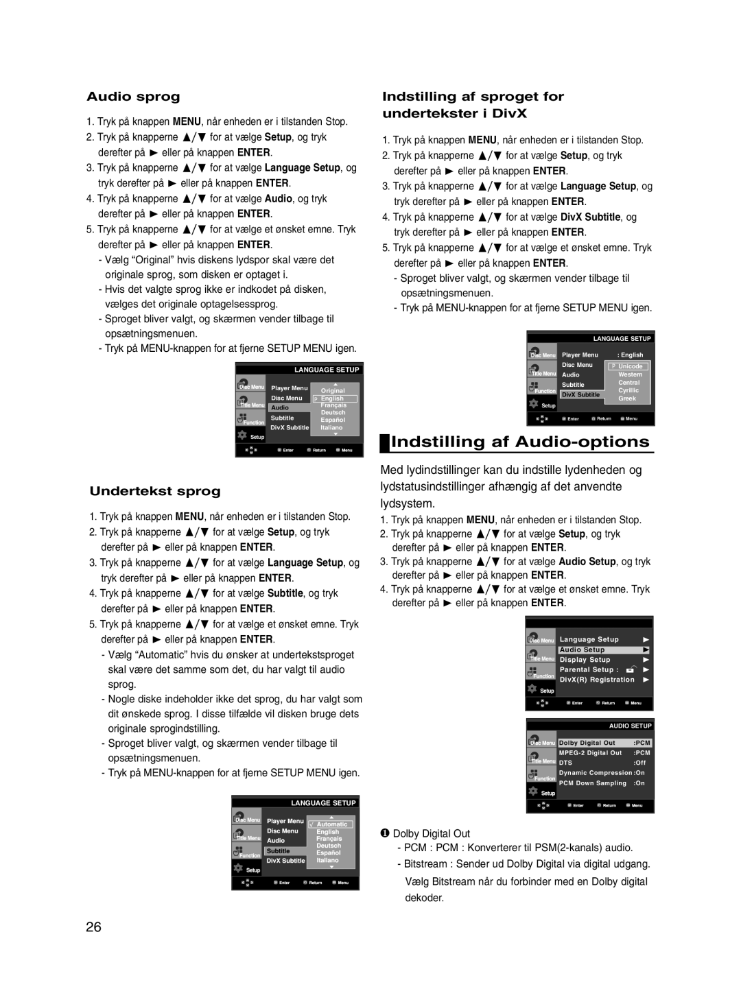 Samsung DVD-P560/XEE manual Indstilling af Audio-options, Audio sprog, Undertekst sprog 