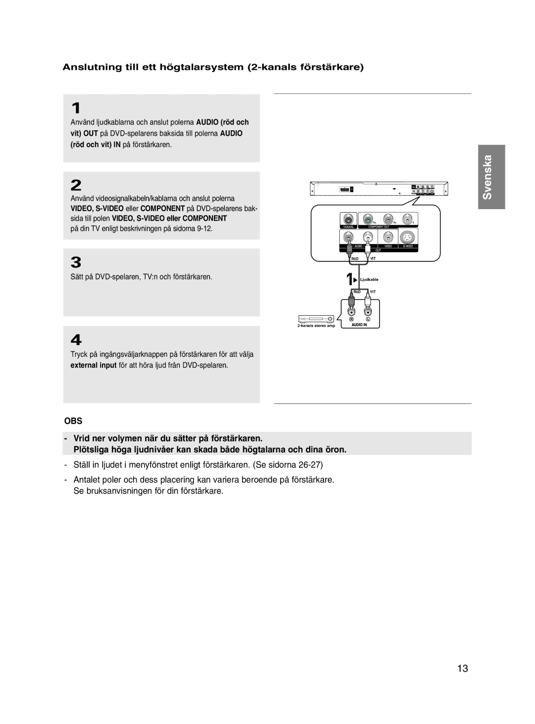 Samsung DVD-P560/XEE manual Anslutning till ett högtalarsystem 2-kanals förstärkare 