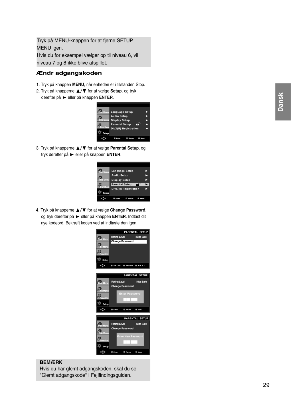 Samsung DVD-P560/XEE manual Ændr adgangskoden, Nye kodeord. Bekræft koden ved at indtaste den igen 