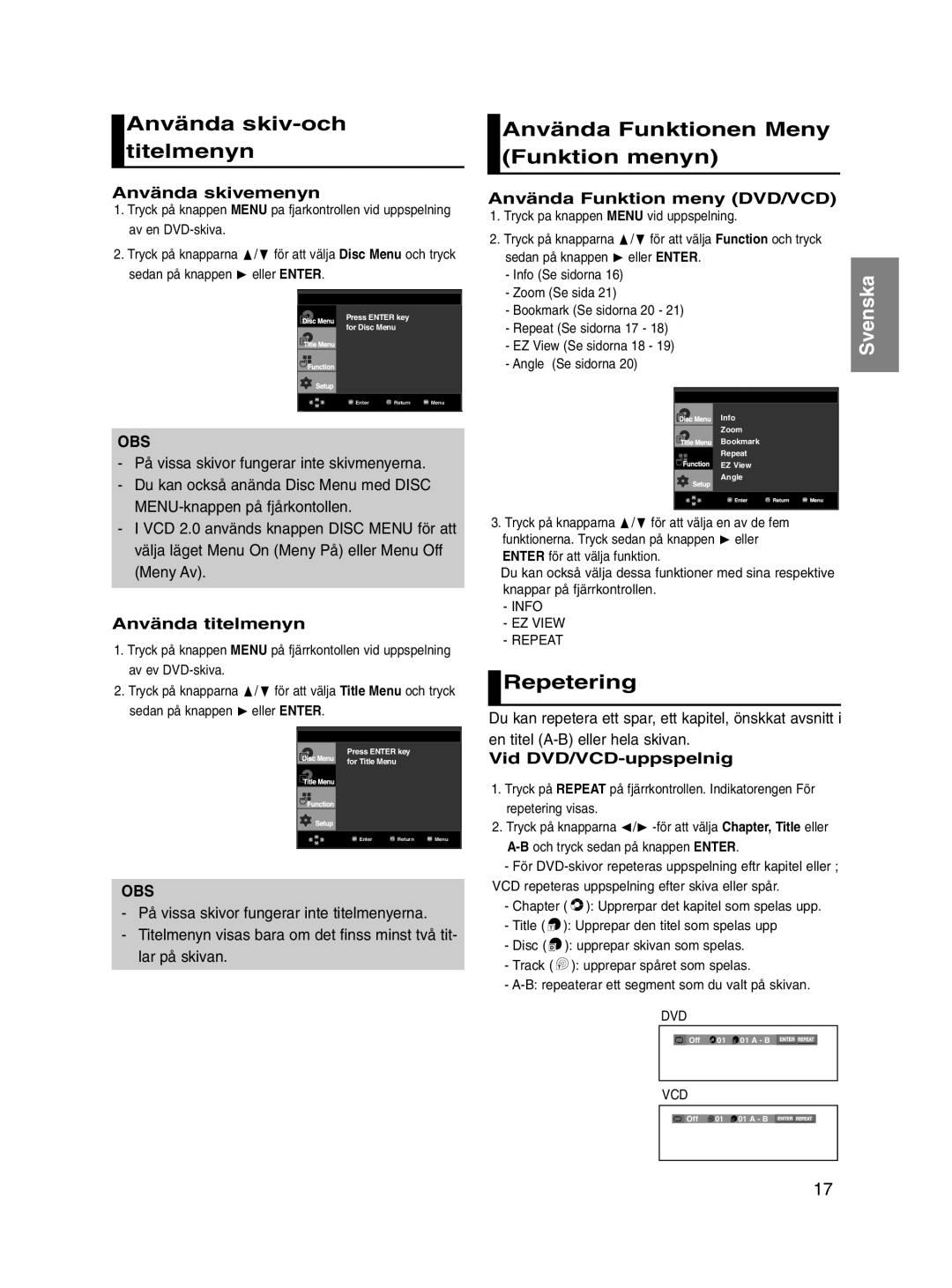 Samsung DVD-P560/XEE manual Använda skiv-och titelmenyn, Använda Funktionen Meny Funktion menyn, Repetering 