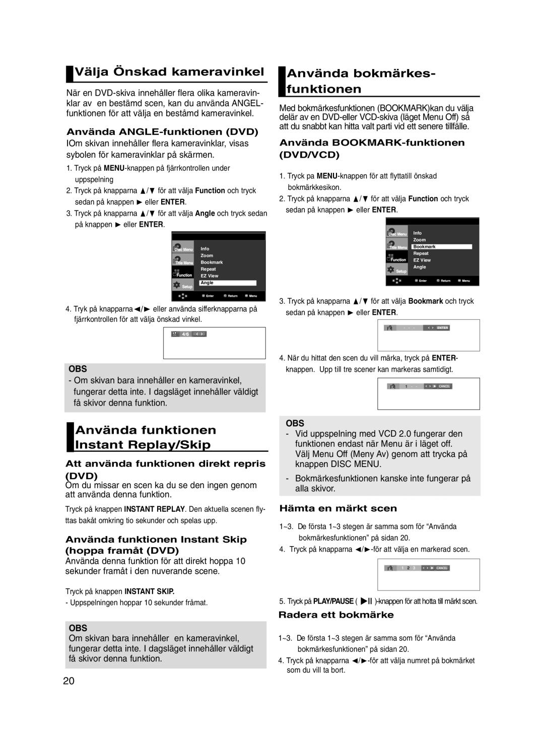 Samsung DVD-P560/XEE Välja Önskad kameravinkel, Använda funktionen Instant Replay/Skip, Använda bokmärkes- funktionen 