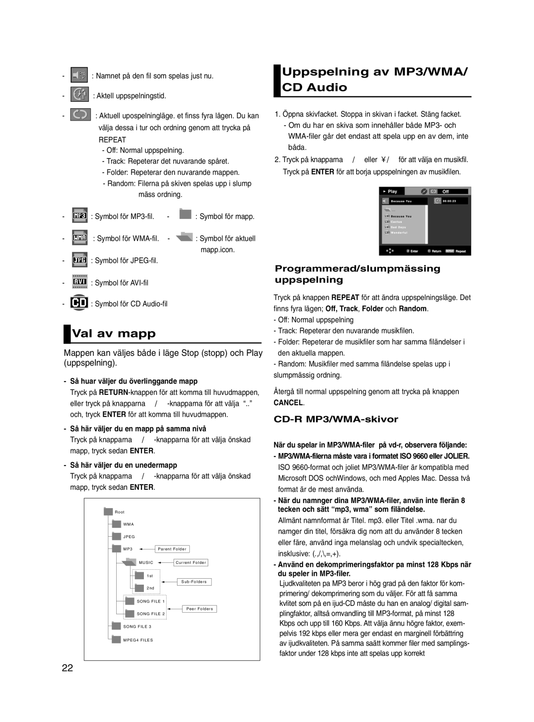 Samsung DVD-P560/XEE manual Uppspelning av MP3/WMA/ CD Audio, Val av mapp, Programmerad/slumpmässing uppspelning, Cancel 