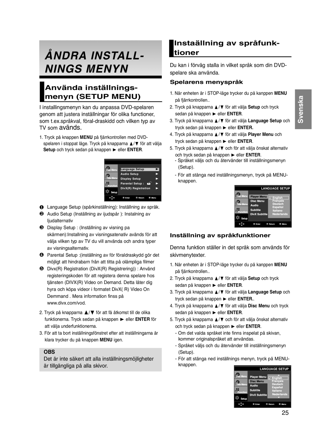 Samsung DVD-P560/XEE Åndra INSTALL- Nings Menyn, Använda inställnings- menyn Setup Menu, Instaällning av språfunk- tioner 
