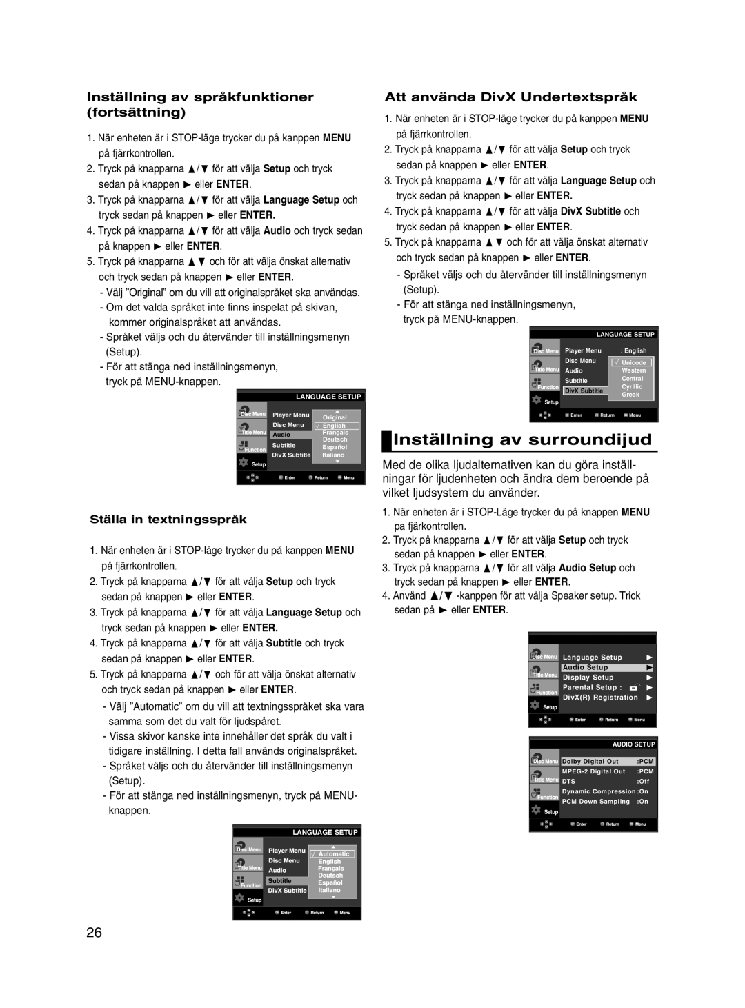 Samsung DVD-P560/XEE Inställning av surroundijud, Inställning av språkfunktioner fortsättning, Ställa in textningsspråk 