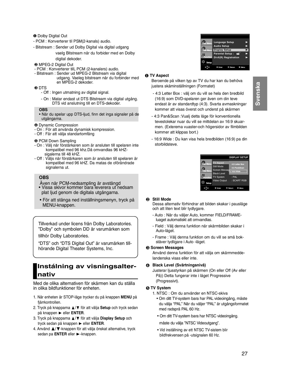 Samsung DVD-P560/XEE manual Instálning av visningsalter- nativ, Även när PCM-nedsampling är avstängd, Obs 