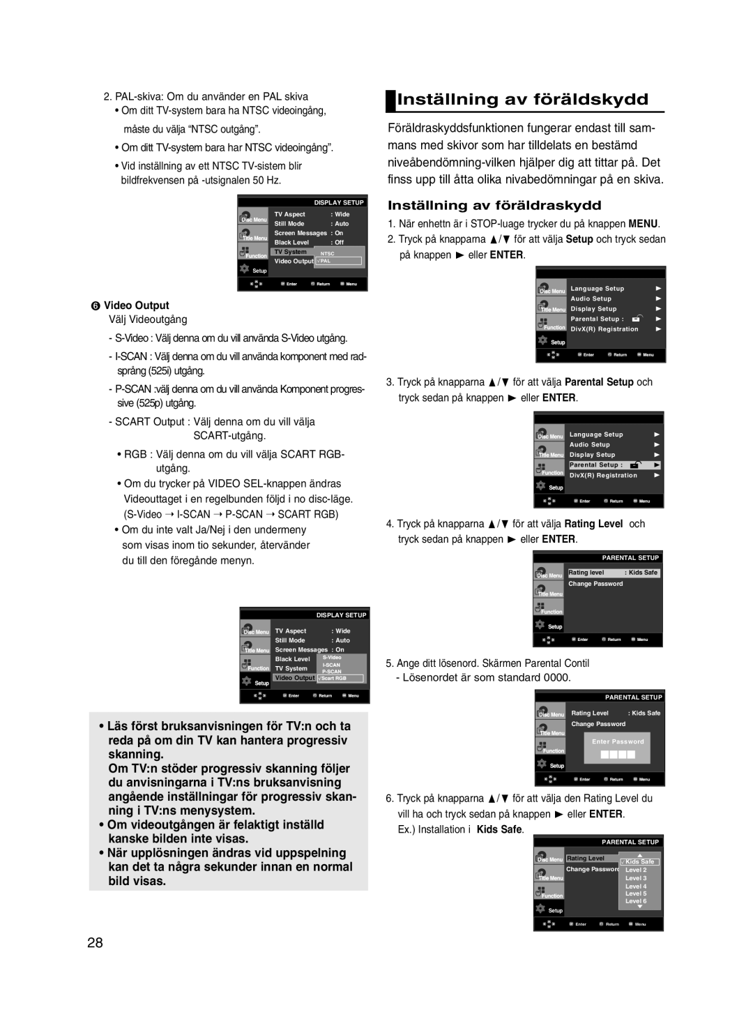 Samsung DVD-P560/XEE manual Inställning av föräldskydd, Inställning av föräldraskydd, ➏ Video Output Välj Videoutgång 