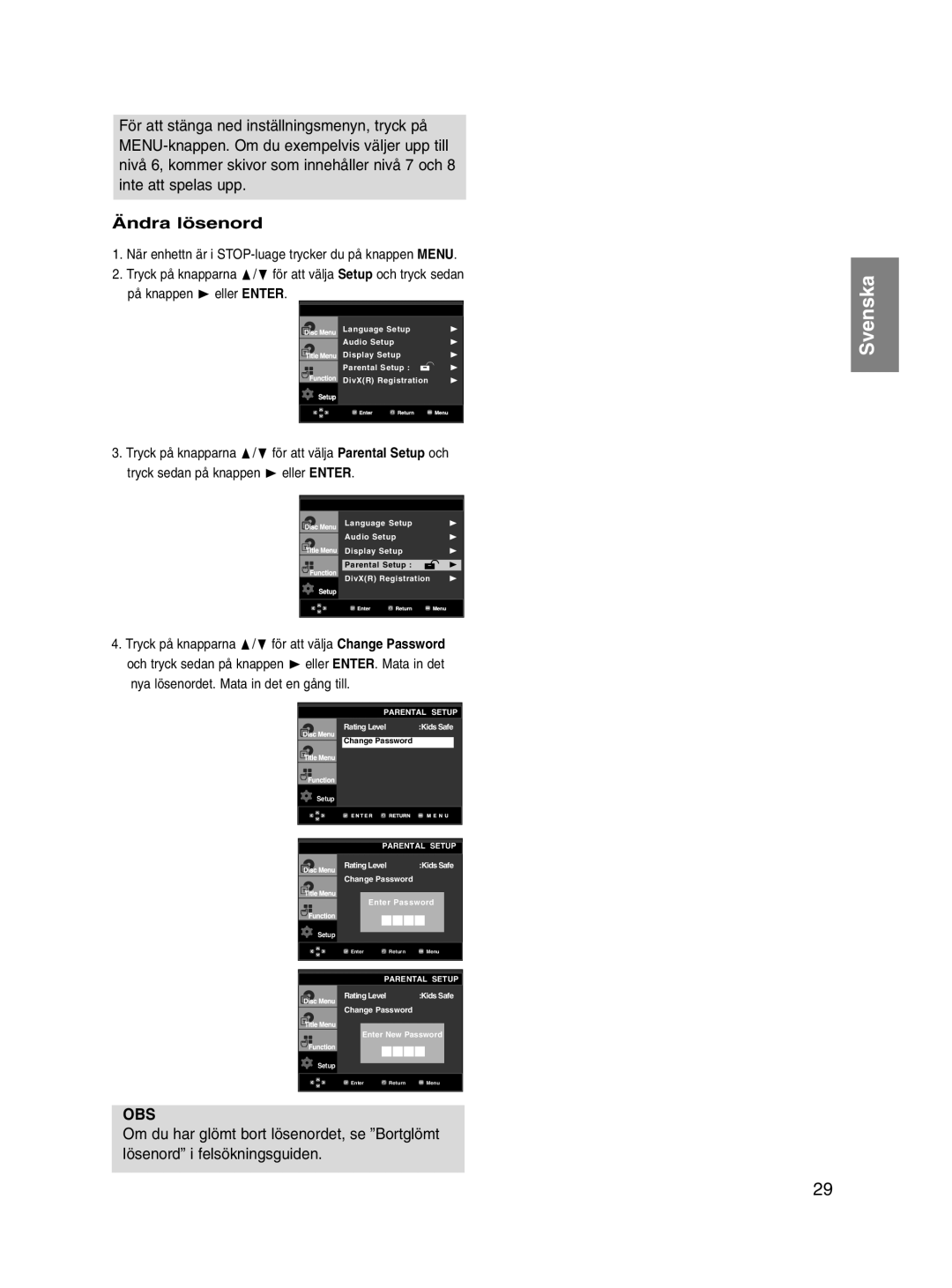 Samsung DVD-P560/XEE manual Ändra lösenord, På knappen Eller Enter 