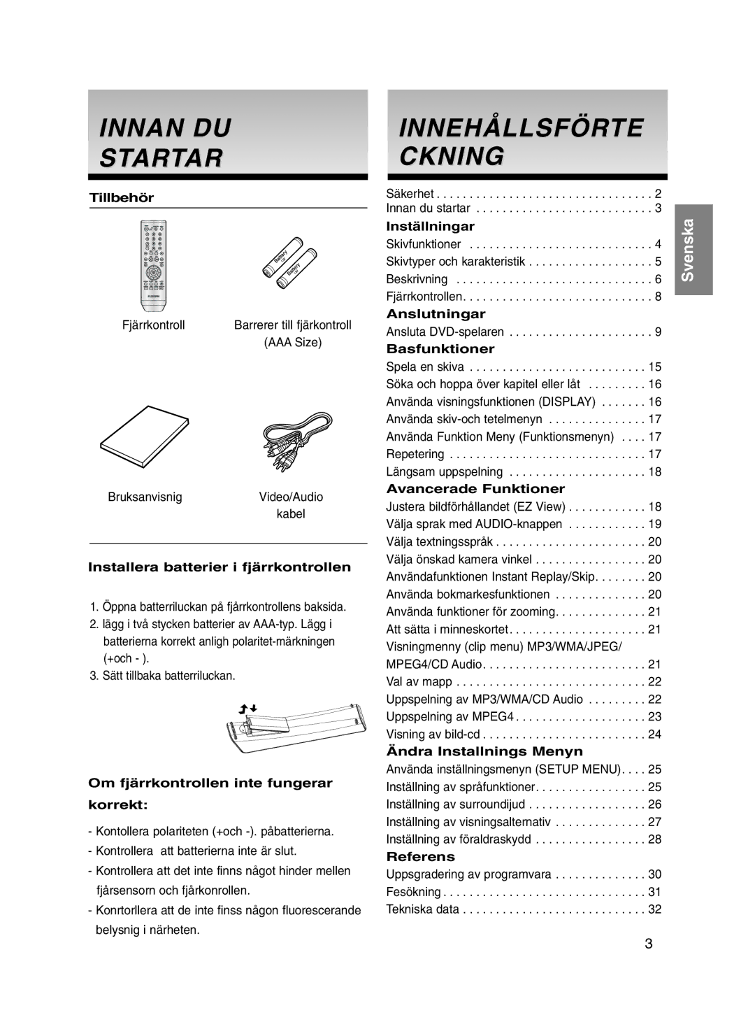 Samsung DVD-P560/XEE manual Innan DU Startar, Innehållsförte Ckning 