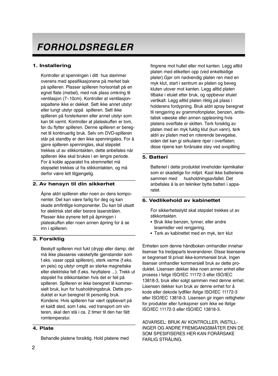 Samsung DVD-P560/XEE manual Forholdsregler 