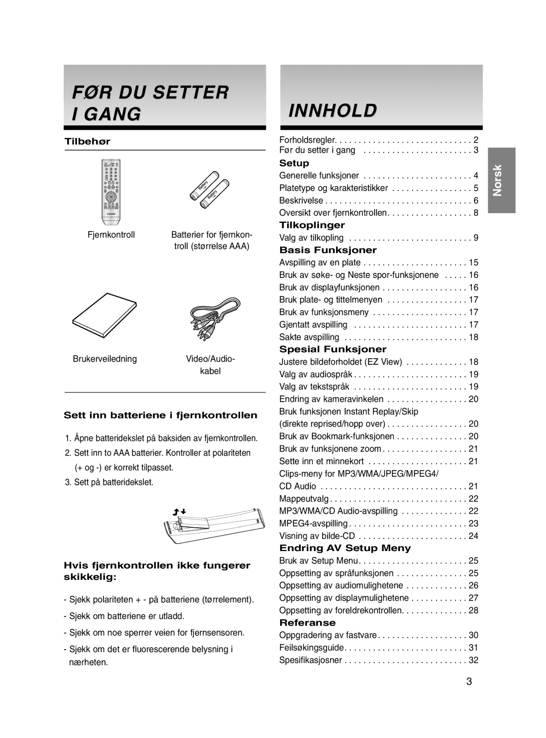 Samsung DVD-P560/XEE manual FØR DU Setter I Gang, Innhold 