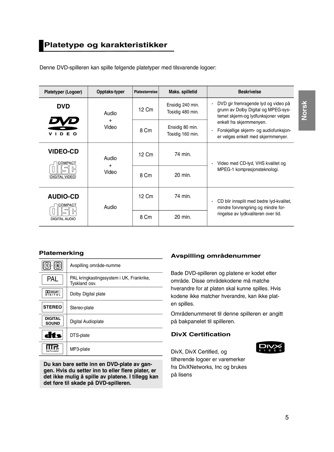 Samsung DVD-P560/XEE manual Platetype og karakteristikker, Platemerking, Avspilling områdenummer, DivX Certification 