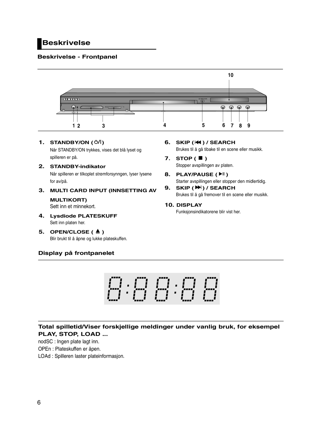 Samsung DVD-P560/XEE manual Beskrivelse Frontpanel, Sett inn et minnekort, PLAY, STOP, Load 