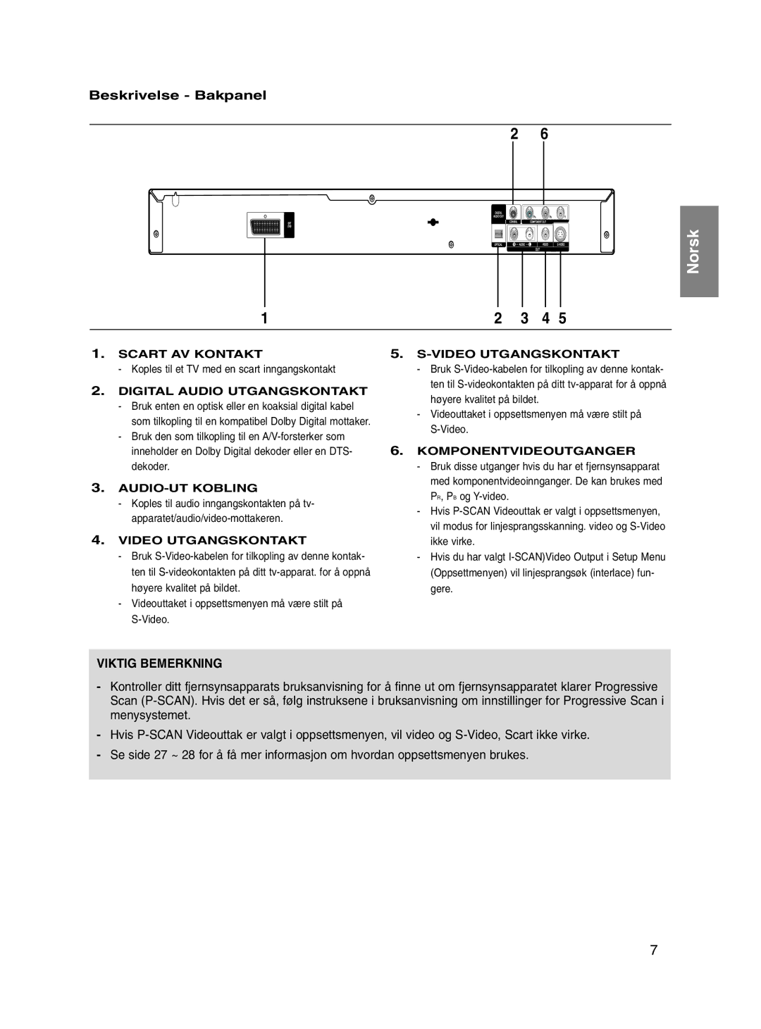 Samsung DVD-P560/XEE manual Beskrivelse Bakpanel, Viktig Bemerkning 