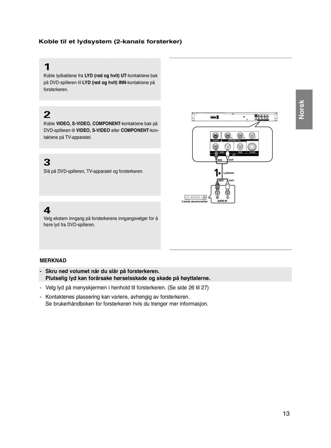 Samsung DVD-P560/XEE manual Koble til et lydsystem 2-kanals forsterker, Slå på DVD-spilleren, TV-apparatet og forsterkeren 