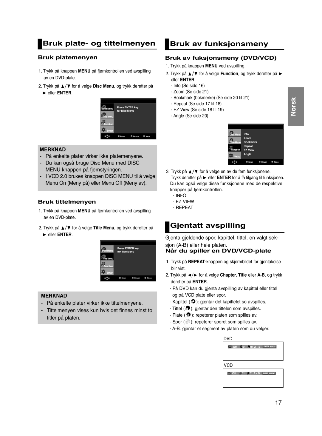 Samsung DVD-P560/XEE manual Bruk plate- og tittelmenyen, Bruk av funksjonsmeny, Gjentatt avspilling 