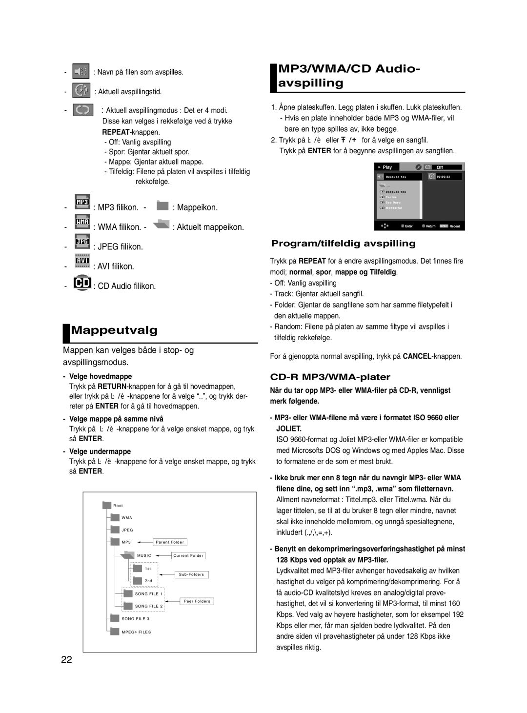 Samsung DVD-P560/XEE manual Mappeutvalg, MP3/WMA/CD Audio- avspilling, Program/tilfeldig avspilling, CD-R MP3/WMA-plater 