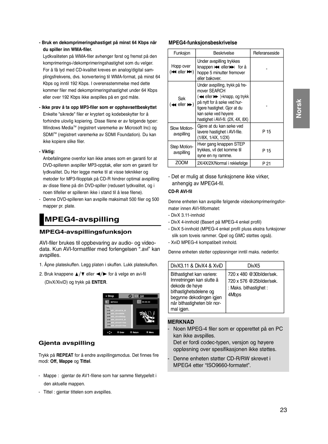 Samsung DVD-P560/XEE manual MPEG4-avspillingsfunksjon, Gjenta avspilling, MPEG4-funksjonsbeskrivelse 