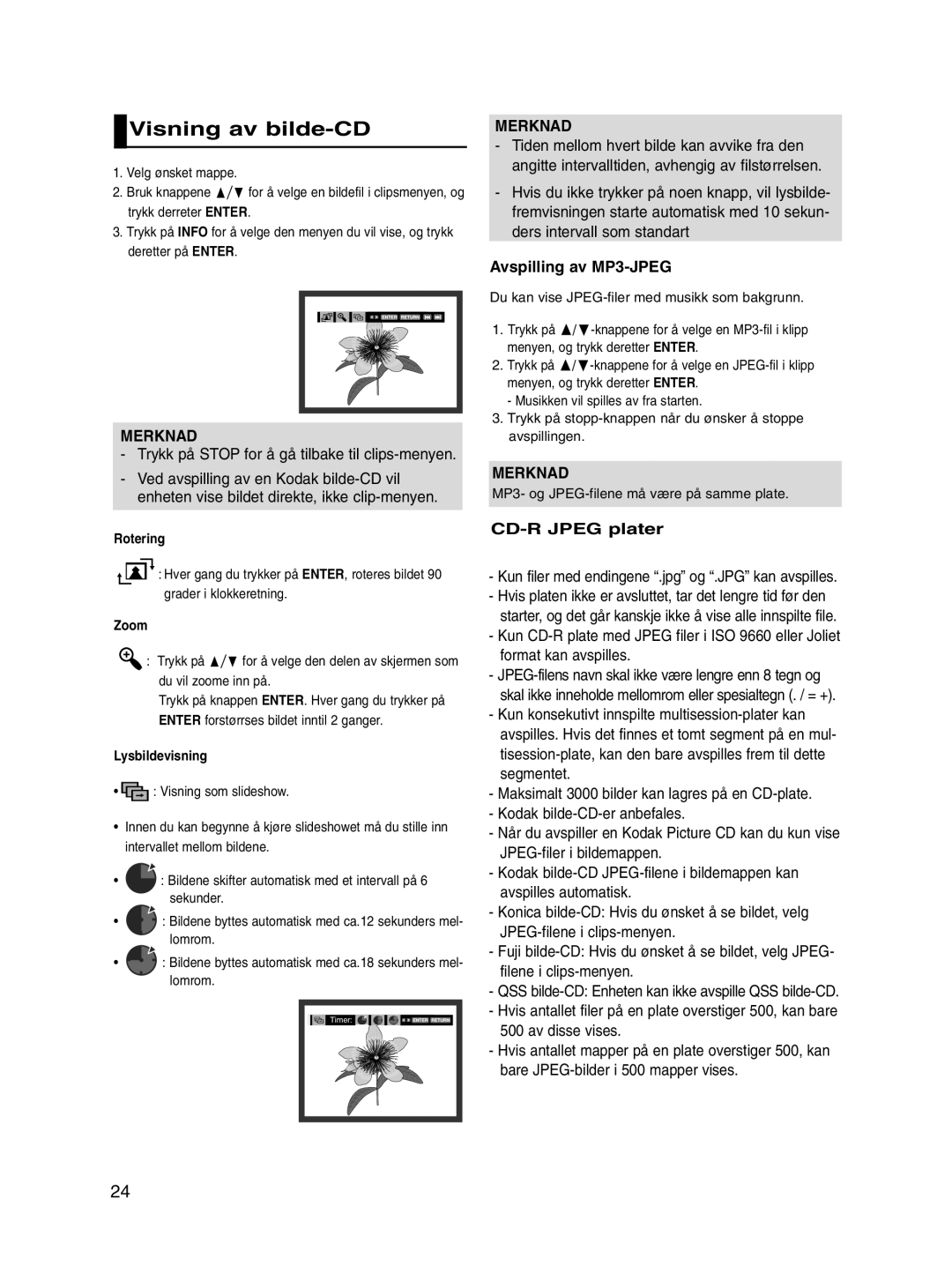 Samsung DVD-P560/XEE manual Visning av bilde-CD, Trykk på Stop for å gå tilbake til clips-menyen, Avspilling av MP3-JPEG 