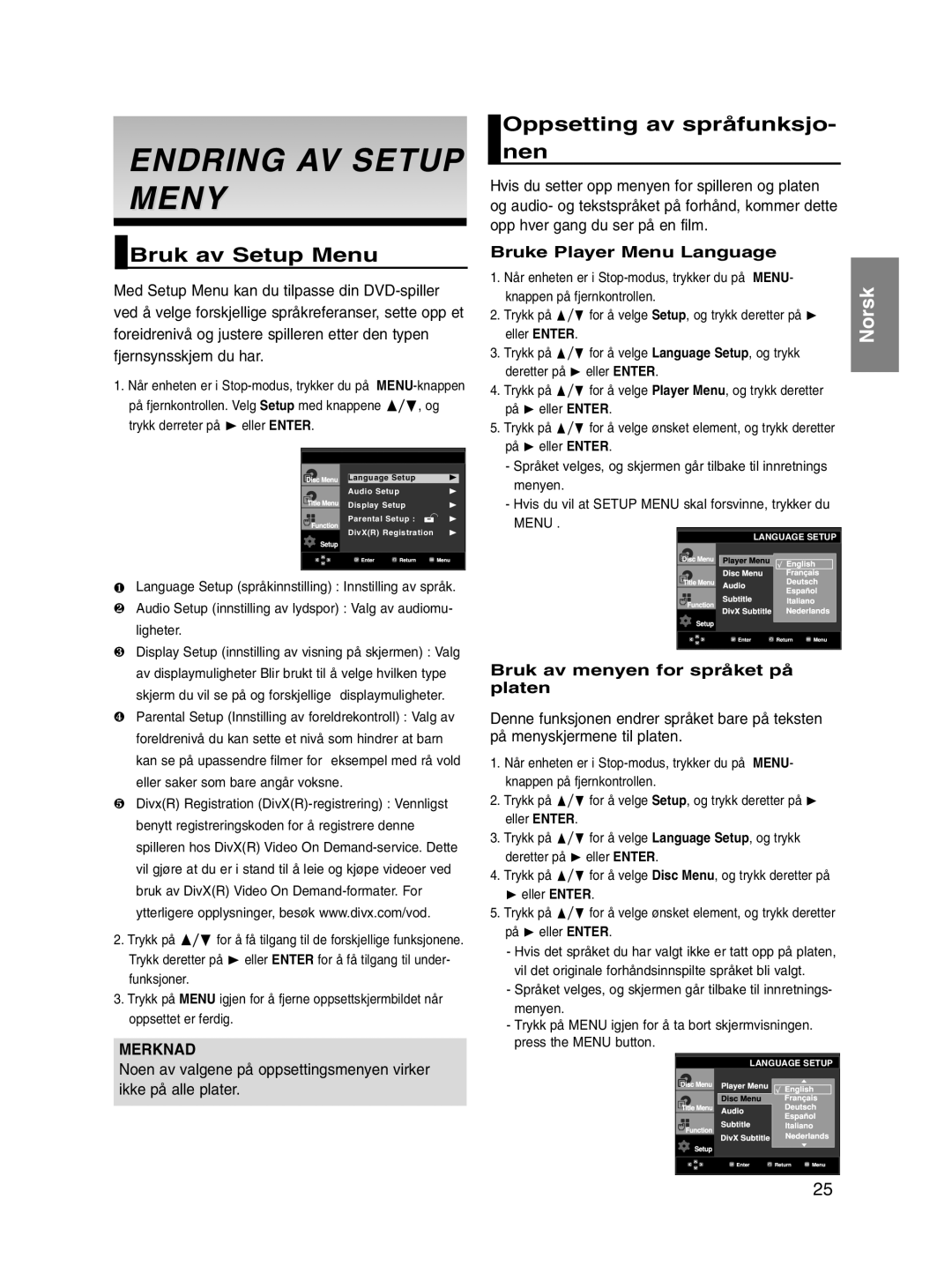 Samsung DVD-P560/XEE Endring AV Setup Meny, Bruk av Setup Menu, Oppsetting av språfunksjo- nen, Bruke Player Menu Language 