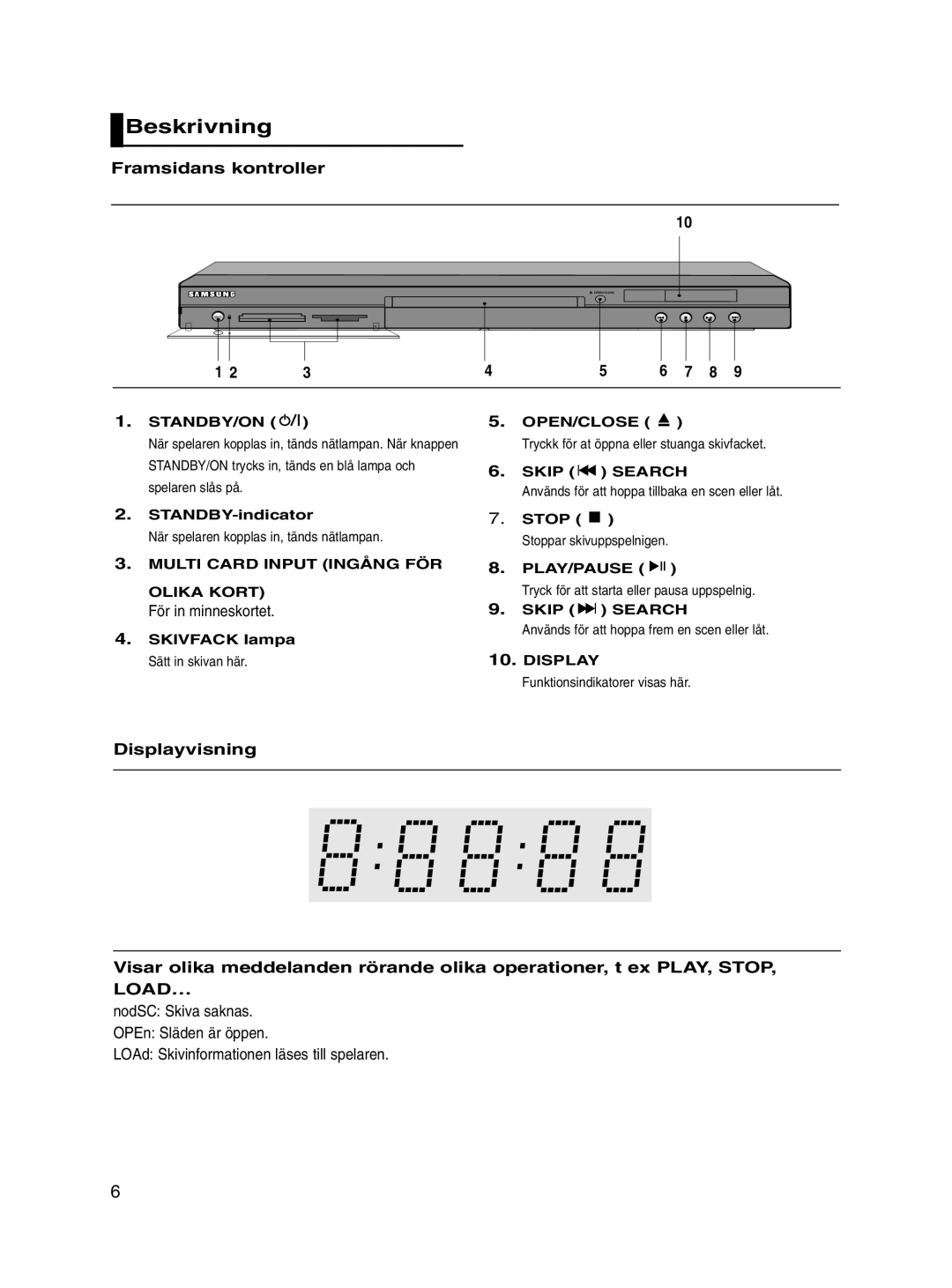 Samsung DVD-P560/XEE manual Beskrivning, Framsidans kontroller, För in minneskortet, Multi Card Input Ingång FÖR Olika Kort 