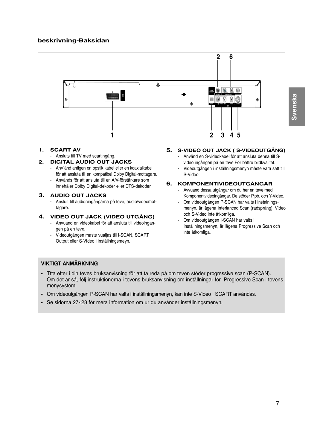 Samsung DVD-P560/XEE manual Beskrivning-Baksidan, Viktigt Anmärkning 