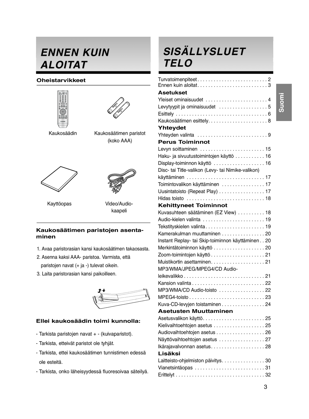 Samsung DVD-P560/XEE manual Ennen Kuin Aloitat, Sisällysluet Telo 